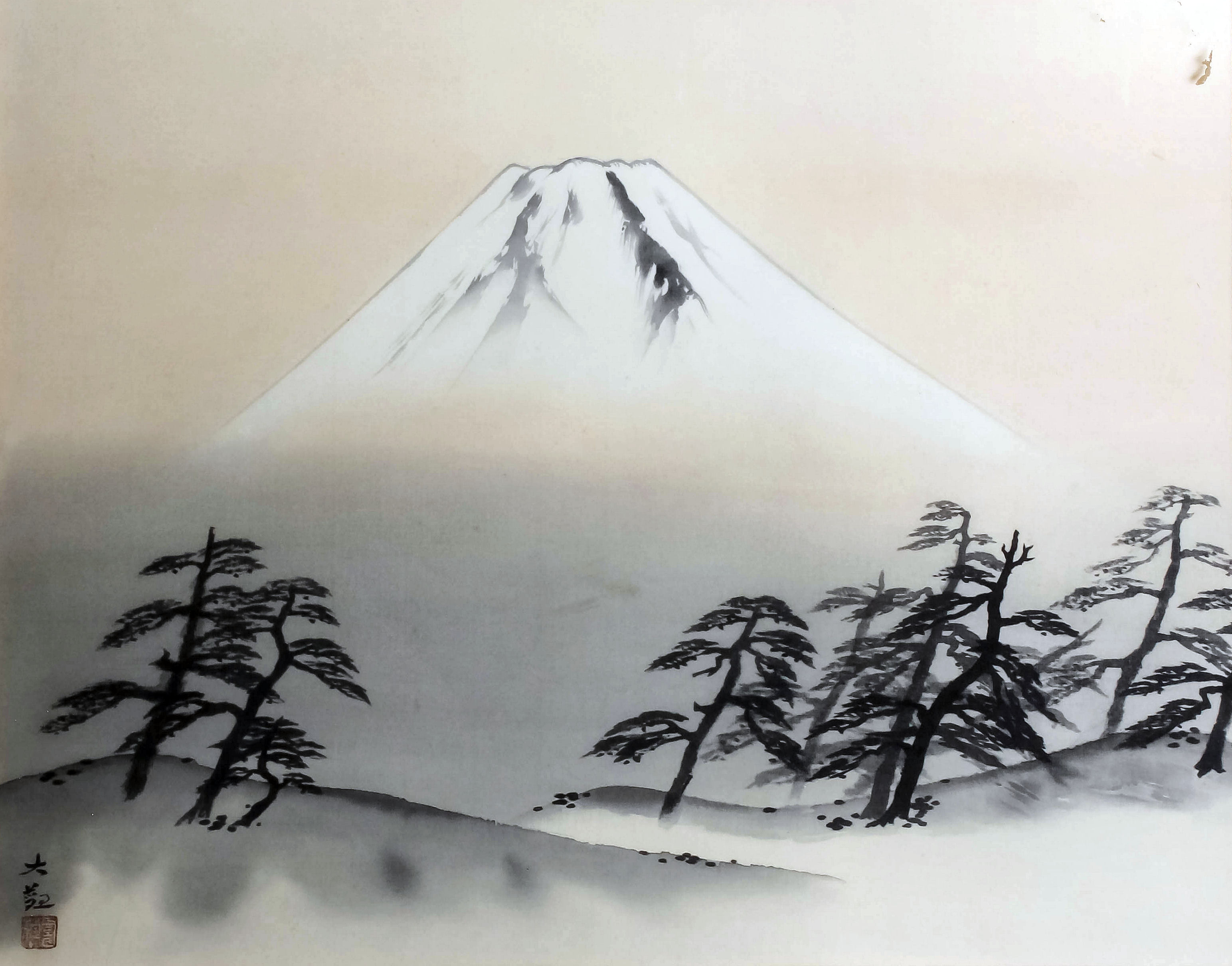 Japanese School - Print on silk - "Mount Fuji", 17ins x 21ins, bears signature, in wood frame and