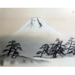 Japanese School - Print on silk - "Mount Fuji", 17ins x 21ins, bears signature, in wood frame and