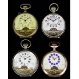 Four "Hebdomas" patent keyless pocket watches all with visible escapements, in various styles, all