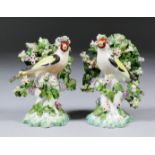A pair of Derby porcelain figures of goldfinches within bocage, on shaped and floral encrusted