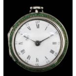 A good early George III silver and green shagreen covered pair cased cylinder pocket watch by
