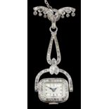 A 1920s silver and paste set lady's swivel fob cocktail watch, the rectangular silvered dial with