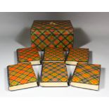 A Victorian Mauchline Ware " McDuff" Tartan ware box, 8ins x 6ins x 4.5ins high, containing - "Sir