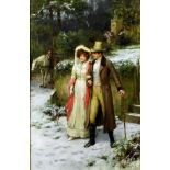 George Sheridan Knowles (1863-1931) - Oil painting - "Morning Walk" - Winters landscape with young