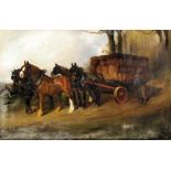 George Wright (1860-1942) - Oil painting - Horse-drawn wagon loaded with sacks, pulled by four