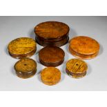 An early 19th Century burrwood circular snuff box with tortoiseshell lined interior, 4.25ins