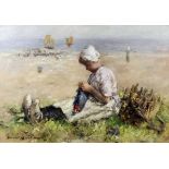 Robert Gemmell Hutchison (1855-1936) - Oil painting - "By the Zuider Zee" - Young Dutch girl seated