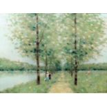 *** Andre Gisson (1928-2003) - Oil painting - "Avenue of Trees" - French landscape with four figures