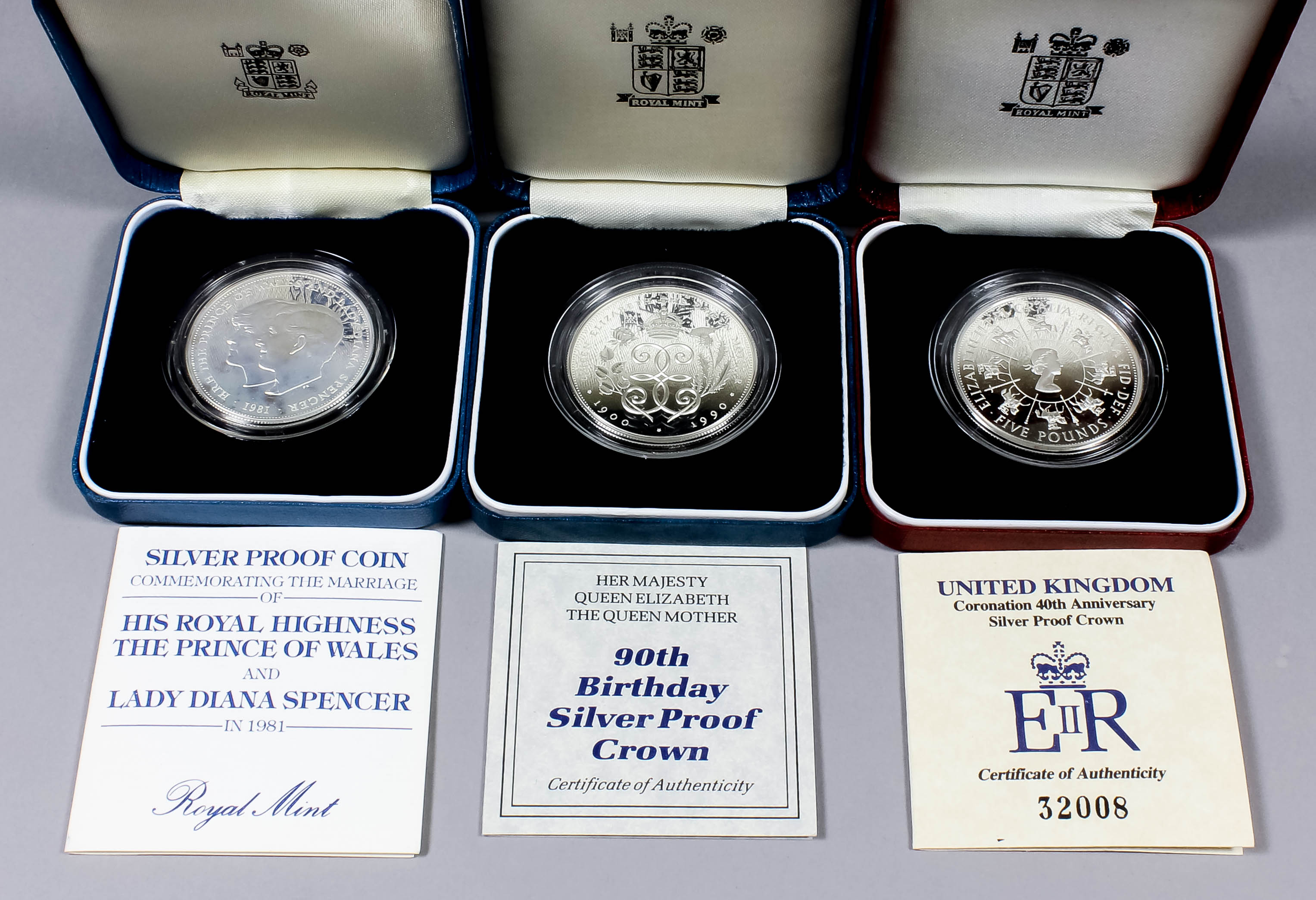 Three Elizabeth II 1981 silver proof commemorative coins to commemorate the wedding of His Royal