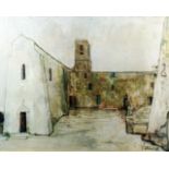 20th Century French school - Oil painting "Abbey Courtyard", canvas 20ins x 25ins, indistinctly