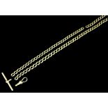 An 18ct gold graduated curb link chain Albert (in three parts), 420mm overall, with loose T-bar