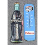 An American printed and embossed metal "Coca Cola" advertising thermometer, 30ins x 8.25ins, inset