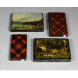 A Victorian Mauchline ware Tartan ware card case with painted loch scene with cattle to face, 4ins x