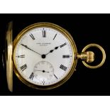 A George V 18ct gold half hunting cased keyless lever pocket watch by John Bennett, 65 & 64