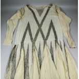 A 1920s white and silver bugle beaded flapper dress with pale coffee chiffon, worked in a chevron