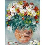 Ahil - Two oil paintings - Vase of mixed flowers, 16ins x 11.75ins, and vase of rose, board 11.75ins