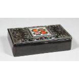 A Victorian rectangular horn snuff box inlaid with silvery metal and with hardstone chequer board