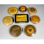 A Victorian Treen ware and penwork circular snuff box, the lid with crown above hammer and with