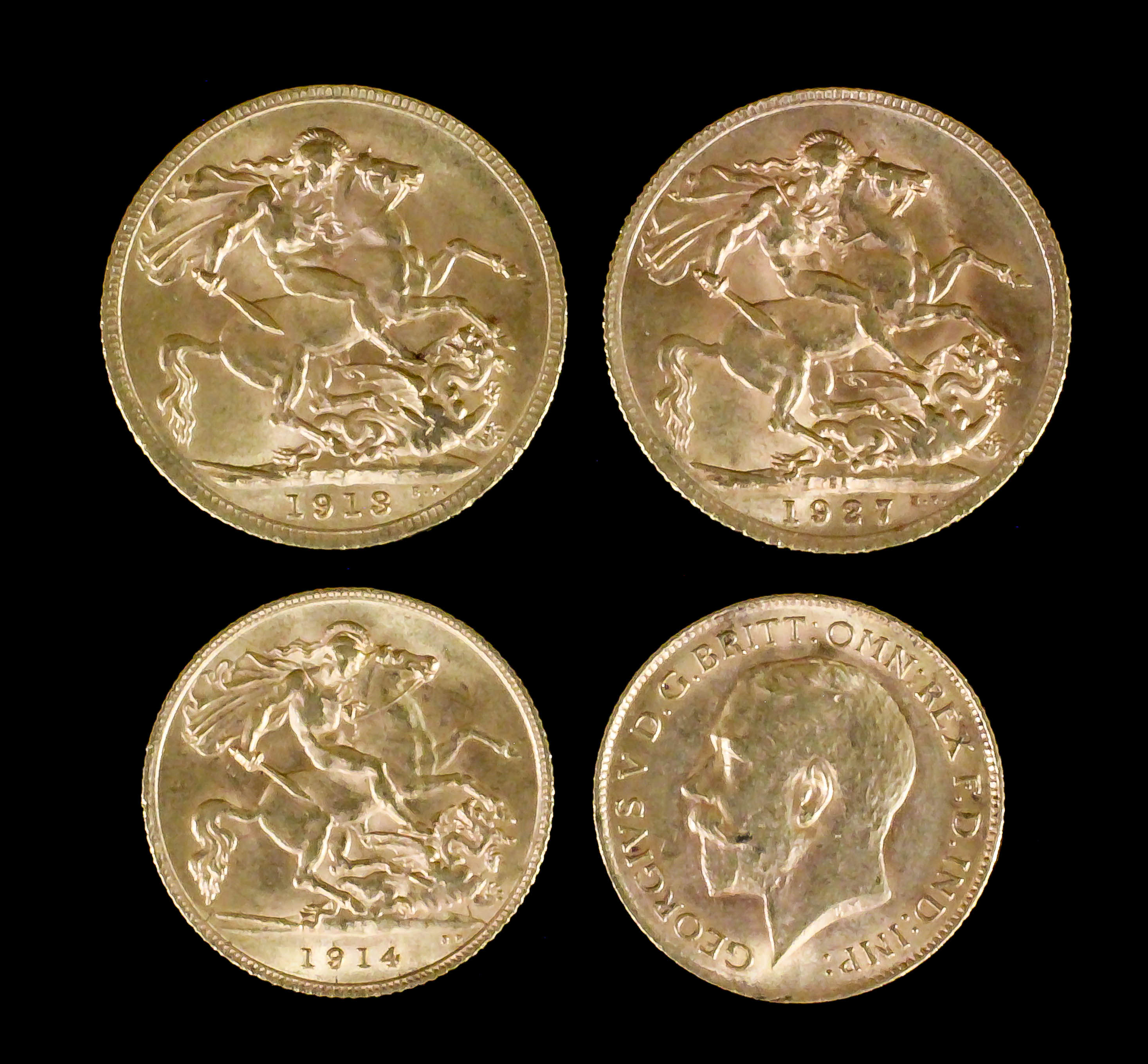A George V 1913 Sovereign, a George V 1927 Sovereign, and two George V 1914 Half Sovereigns (