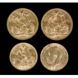 A George V 1913 Sovereign, a George V 1927 Sovereign, and two George V 1914 Half Sovereigns (