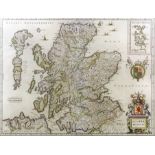 William Janszoon Blaeu (1571-1638) - Coloured engraving - Map of "Scotia Regnum", 15ins x 20ins,