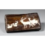 A 19th Century Antler horn rectangular snuff box, the lid applied with ivory figures of deer, 5.