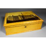 A Victorian Mauchline ware sewing box with paper image to lid "J&P Coats, Newmill 1887", 10.5ins x