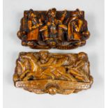 A Victorian Treen rectangular carved "Blind Man" table snuff box carved in high relief and depicting