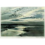 Peter Markham Scott (1909-1989) - Colour print - "Evening - Geese in Flight Over River Estuary", 9.