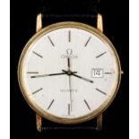 A modern gentlemen's 9k gold Omega wristwatch, the silver dial with baton numerals and date