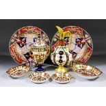 A Royal Crown Derby bone china "Imari" pattern ewer, 10.25ins high, a two-handled urn pattern vase