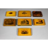 A Victorian Treen ware and penwork rectangular snuff box, the lid with a panel of two donkeys - "