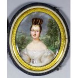 J. Lecourt (fl. 1804-1831) - Miniature half-length portrait - Young lady wearing white silk dress,