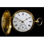 A Victorian gentleman's 18ct gold full hunting cased pocket watch, No. 76774, the white enamel