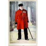 .King (20th Century) - Coloured print - "Bumble" - Standing portrait of a Chelsea Pensioner, 19ins x