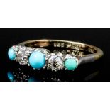 An Edwardian 9ct gold mounted turquoise and diamond set five stone ring, the central cabochon cut