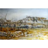 *** Guy Seradour (1922-2007) - Oil painting - "Provence" - View of hilltop town in winter with