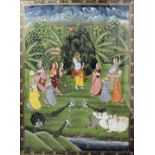 20th Century Indian school - Pair of watercolours - Indian goddess in a moonlit garden with peacocks