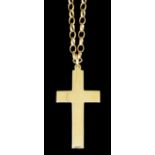 A modern 9ct gold cross pattern pendant, 55mm x 30mm overall, on 700mm 9ct gold chain link