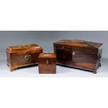 An early George III mahogany rectangular tea caddy, the interior with three zinc canisters, 9ins x