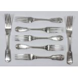 Five Victorian silver fiddle and thread pattern table forks by Horace Woodward & Co, London 1879,