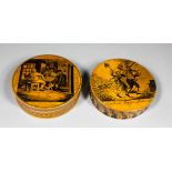 A Victorian Treen ware and penwork circular snuff box, the lid depicting Tam O'Shanter and Souter