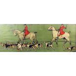 Cecil Aldin (1870-1935) - Coloured print - Hunting scene, 14.25ins x 39ins, in oak frame and glazed