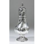 An Edward VII silver baluster-shaped sugar castor with spiral reeded body, flame pattern finial to