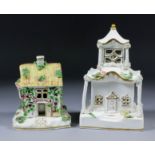 A 19th Century Staffordshire bone china cottage pastille burner with lantern to the upper storey,