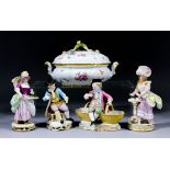 Three late 19th Century Meissen porcelain figures comprising - a standing lady at a table playing