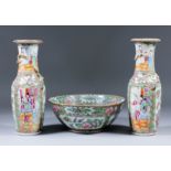 A pair of Chinese "Cantonese" porcelain vases, the necks moulded with dragons chasing the sacred