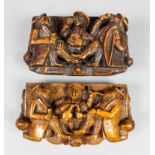 A Victorian Treen rectangular "Blind Man" table snuff box carved in high relief and depicting Tam