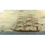 A 19th Century sailor's woolwork picture of a fully rigged single decker sailing ship, with a