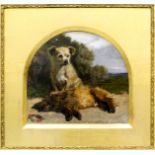 William Davis (1812-1873) - Oil painting - "Scotch Terriers" - Two terriers on a bank with dog